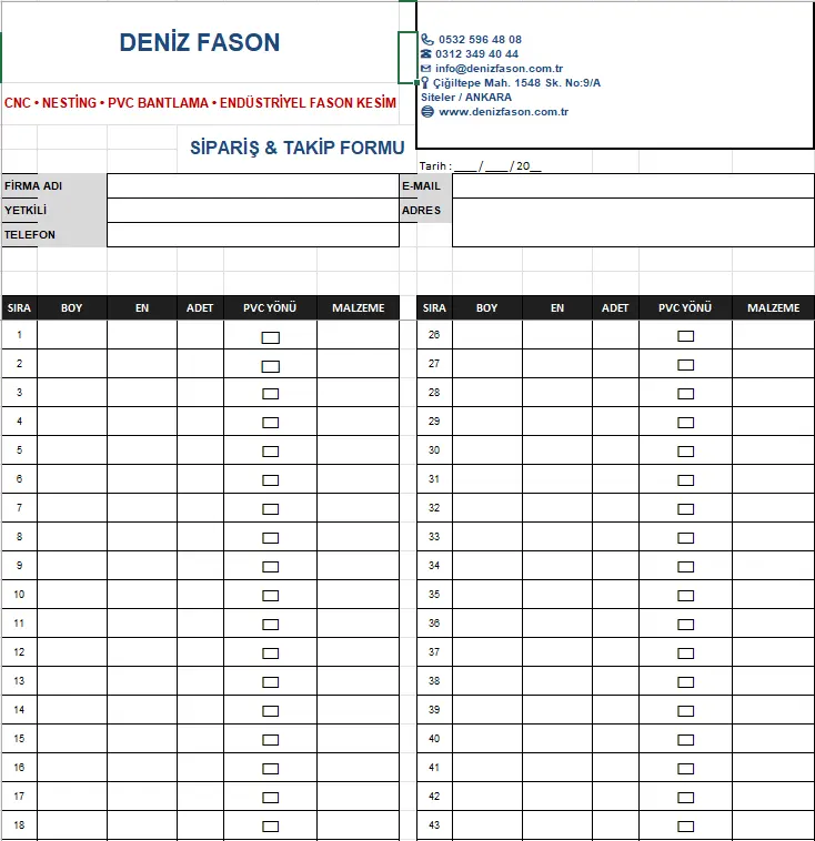 Fason Kesim Sipariş Formu